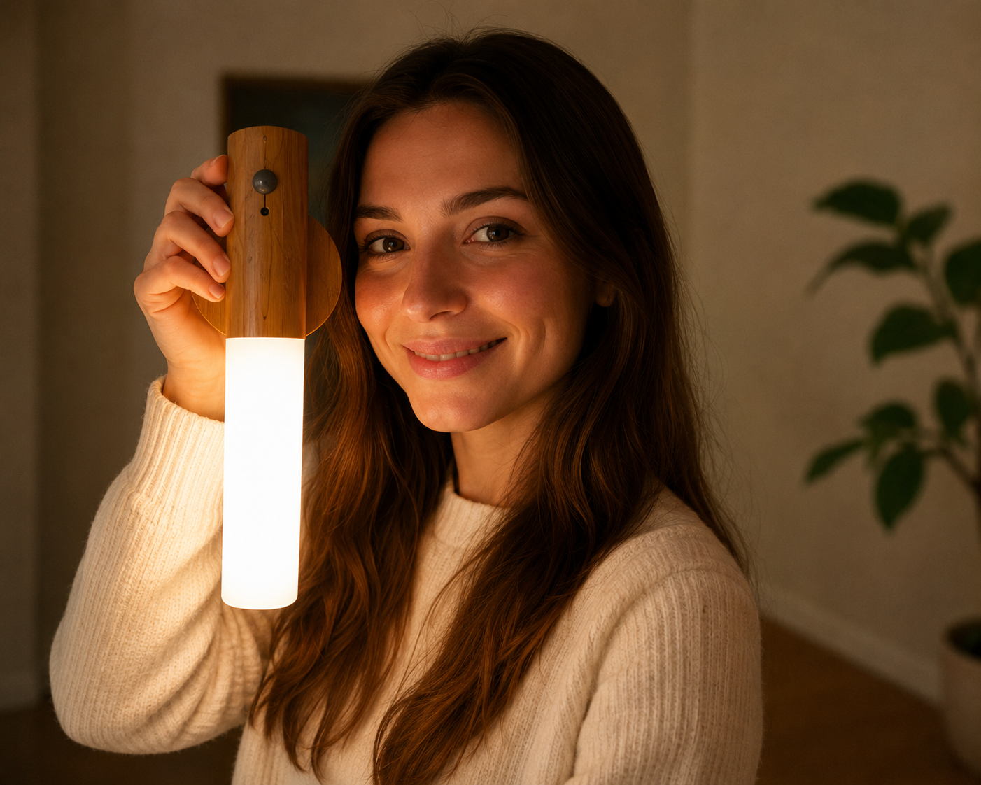 Woman holding the Lumax rechargeable wall light