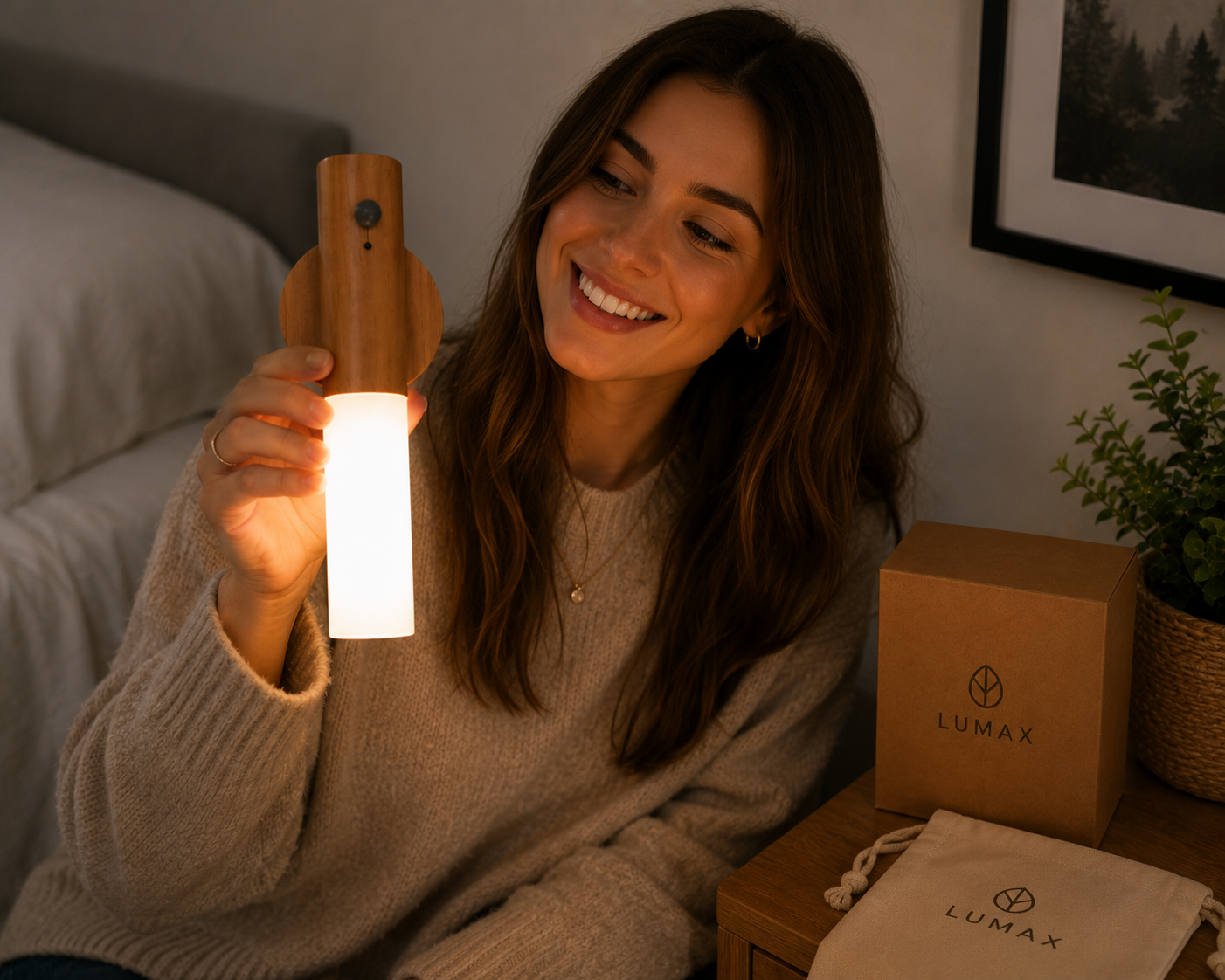 Woman holding the Lumax rechargeable lamp