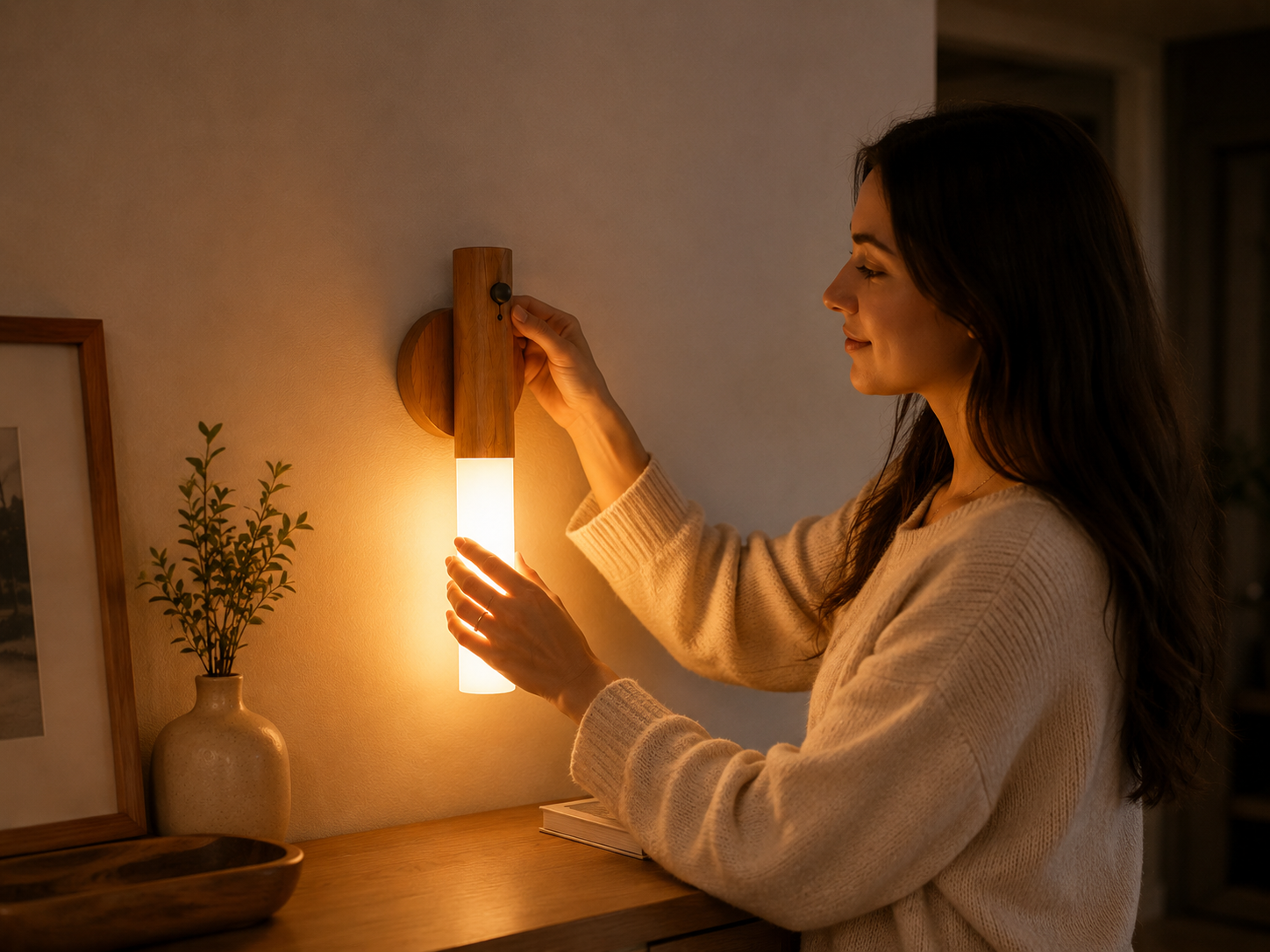 Woman adjusting a Lumax wooden motion sensor light