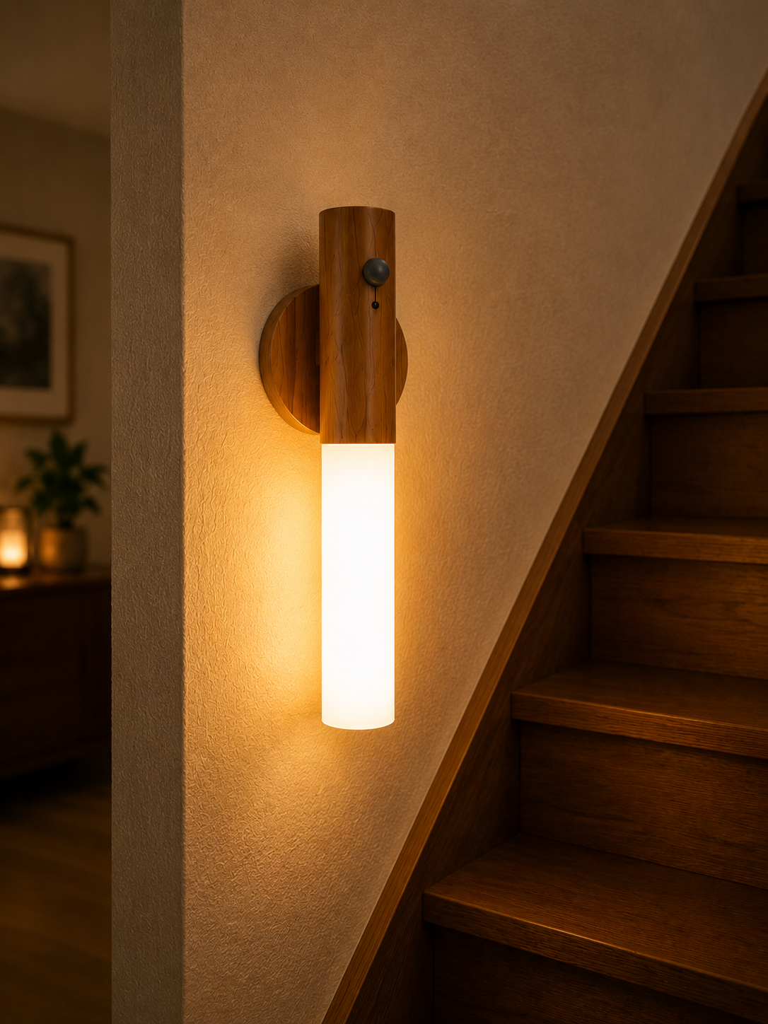 Lumax automatic wall light installed beside stairs