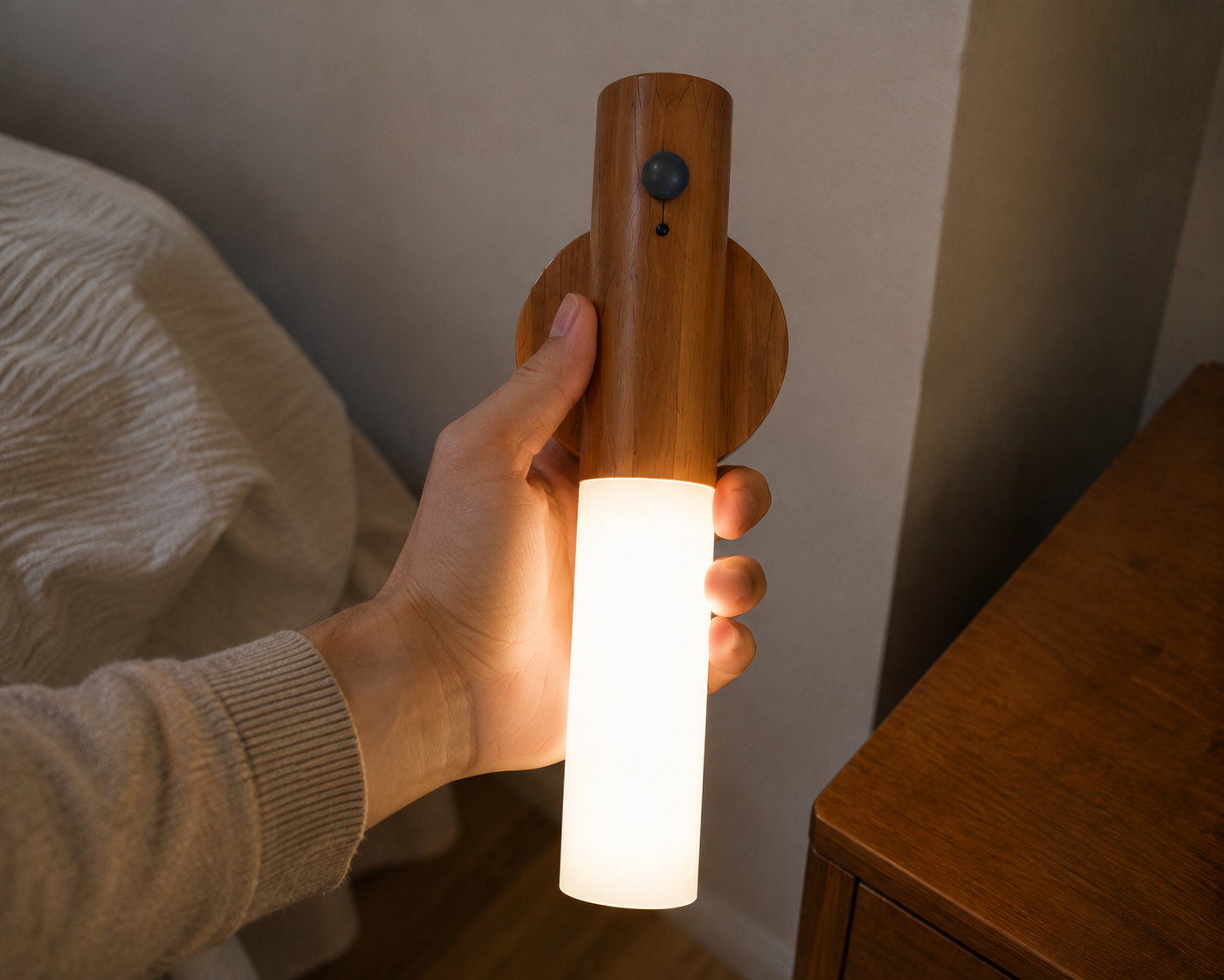 Hand holding Lumax light beside a bedroom table