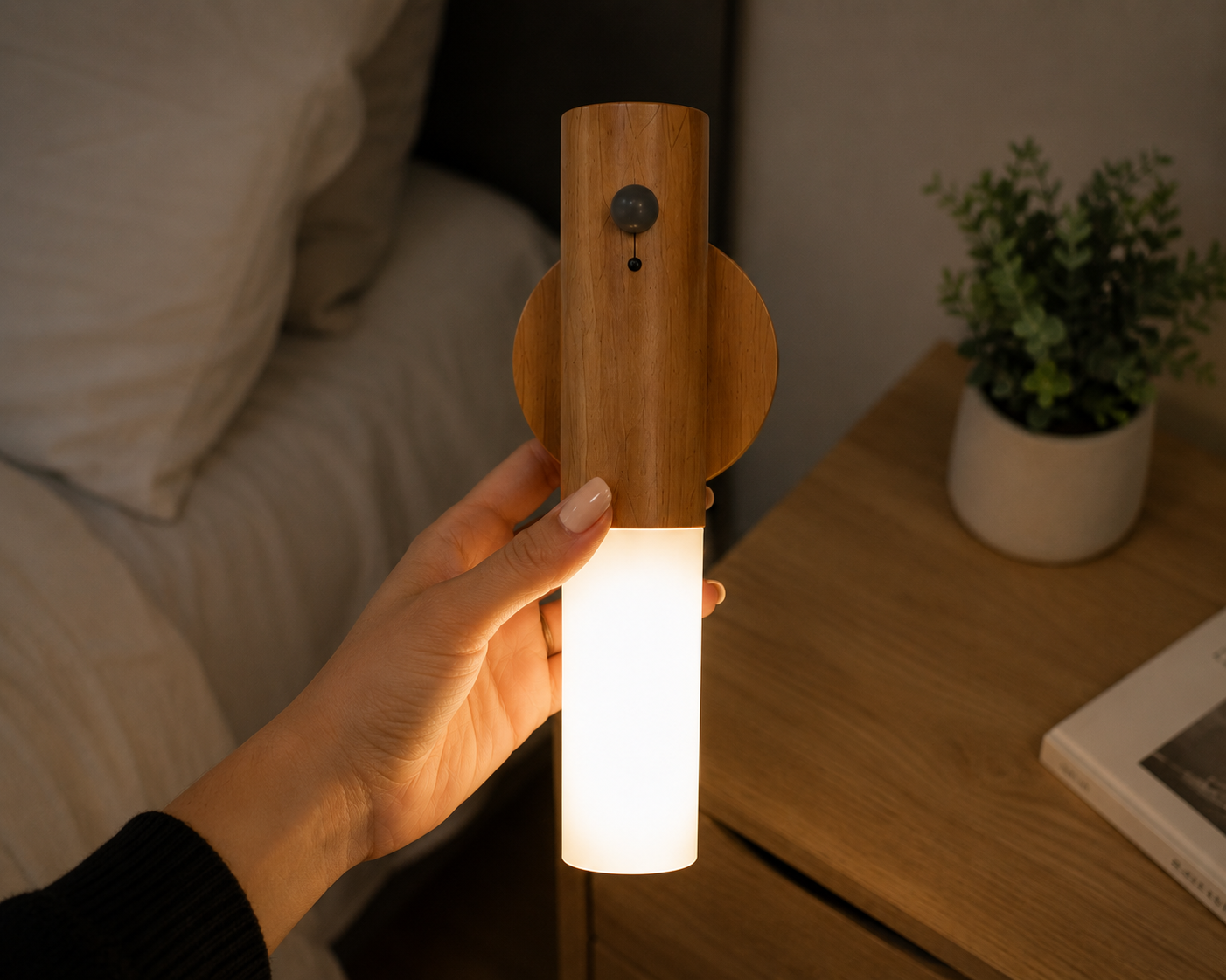 Lumax rechargeable light displayed near a nightstand