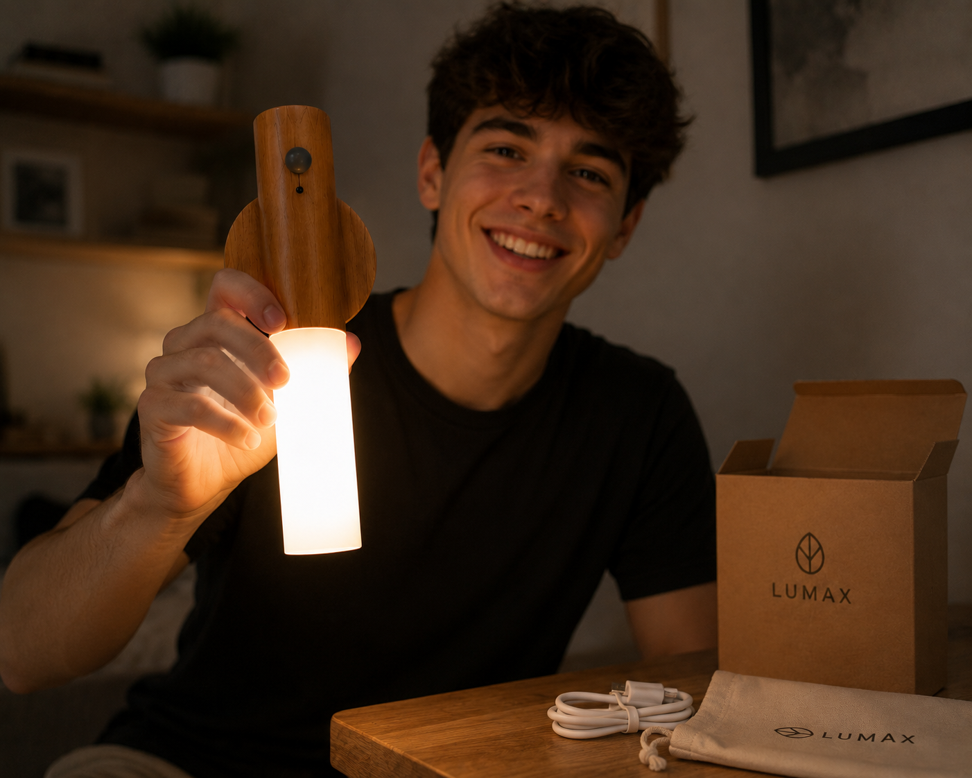Man showing the Lumax rechargeable lamp and packaging