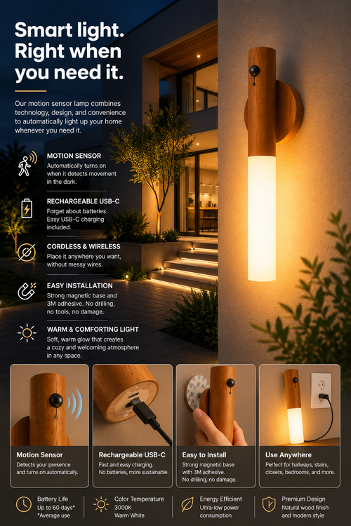 Rechargeable Motion Sensor Wall Light – Wireless LED Night Light | No Drilling Required